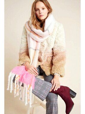 Anthropologie Darby Plaid Fringe Scarf Soft Wrap Knit Winter Cozy Pink Oversized